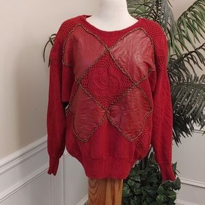 Andriano i Fatigati Vintage Red Leather Diamond patches Sweater Full Sleeves M